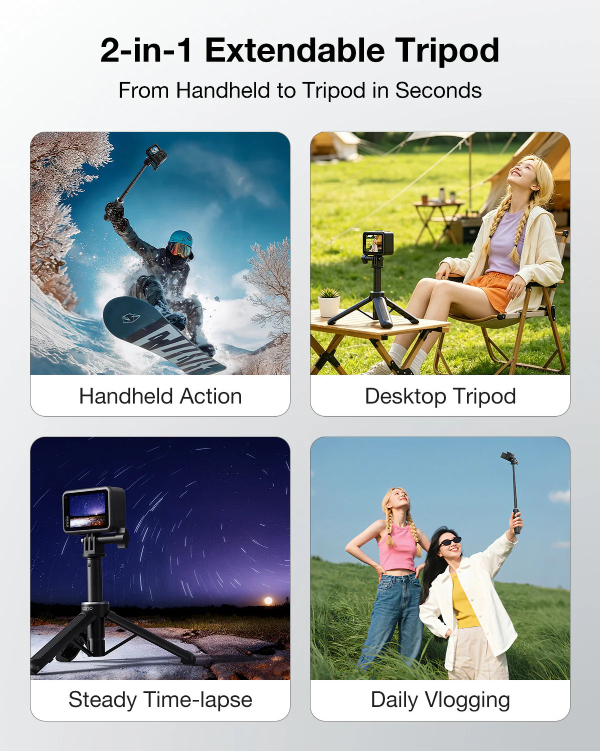 llano 16" Action Camera Tripod for Gopro Hero 13/12/11/10/9/8, Max 2/1, Extendable Mini Tripod, Standard Mount for Gopro, Portable Handle Grip, Small Selfie Stick, Lightweight, Black - Image 3