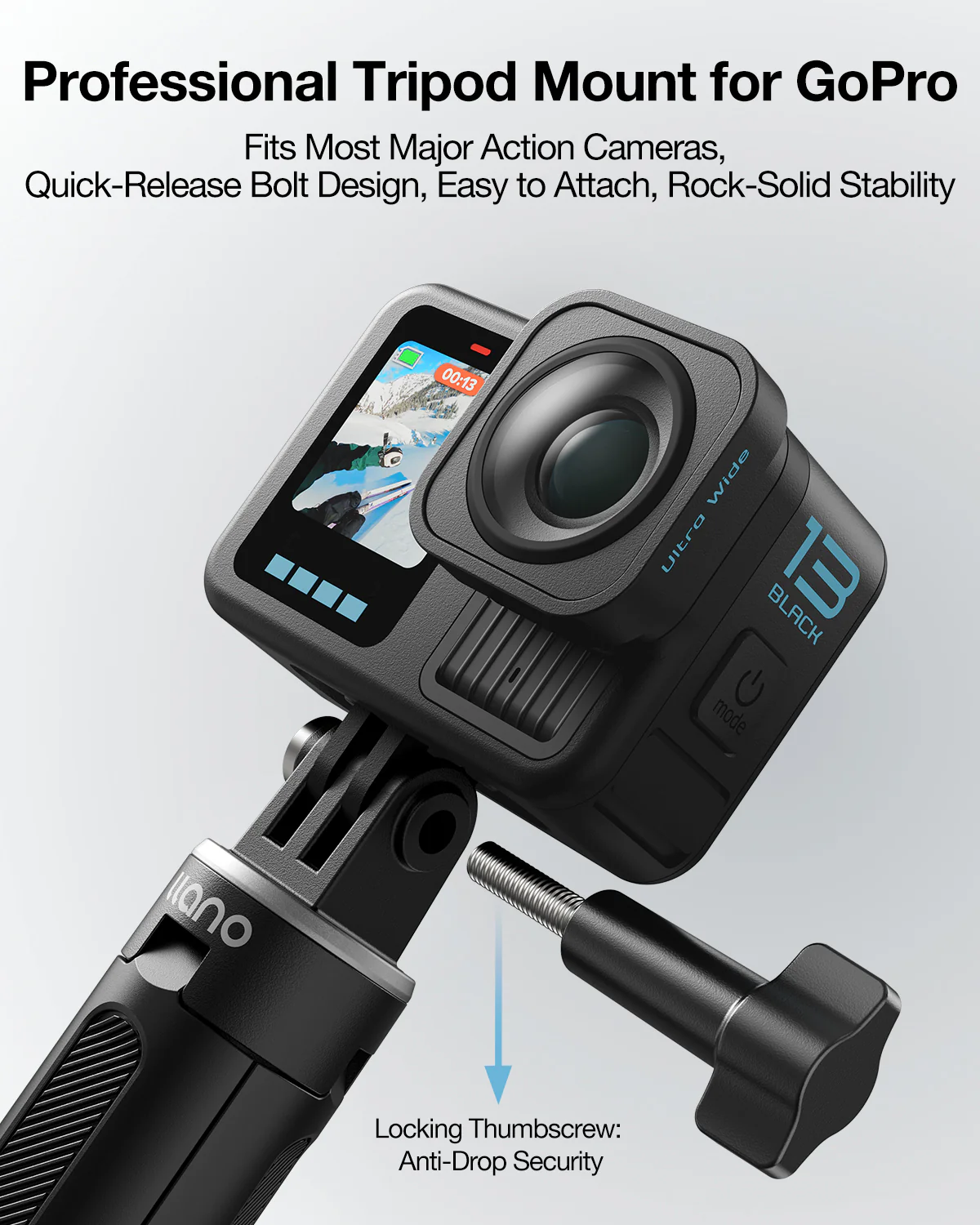 llano 16" Action Camera Tripod for Gopro Hero 13/12/11/10/9/8, Max 2/1, Extendable Mini Tripod, Standard Mount for Gopro, Portable Handle Grip, Small Selfie Stick, Lightweight, Black - Image 4