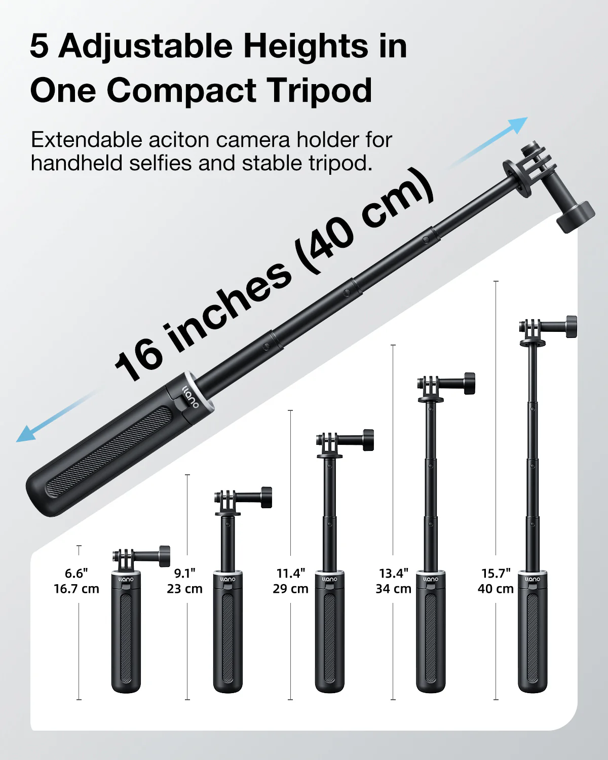llano 16" Action Camera Tripod for Gopro Hero 13/12/11/10/9/8, Max 2/1, Extendable Mini Tripod, Standard Mount for Gopro, Portable Handle Grip, Small Selfie Stick, Lightweight, Black - Image 5
