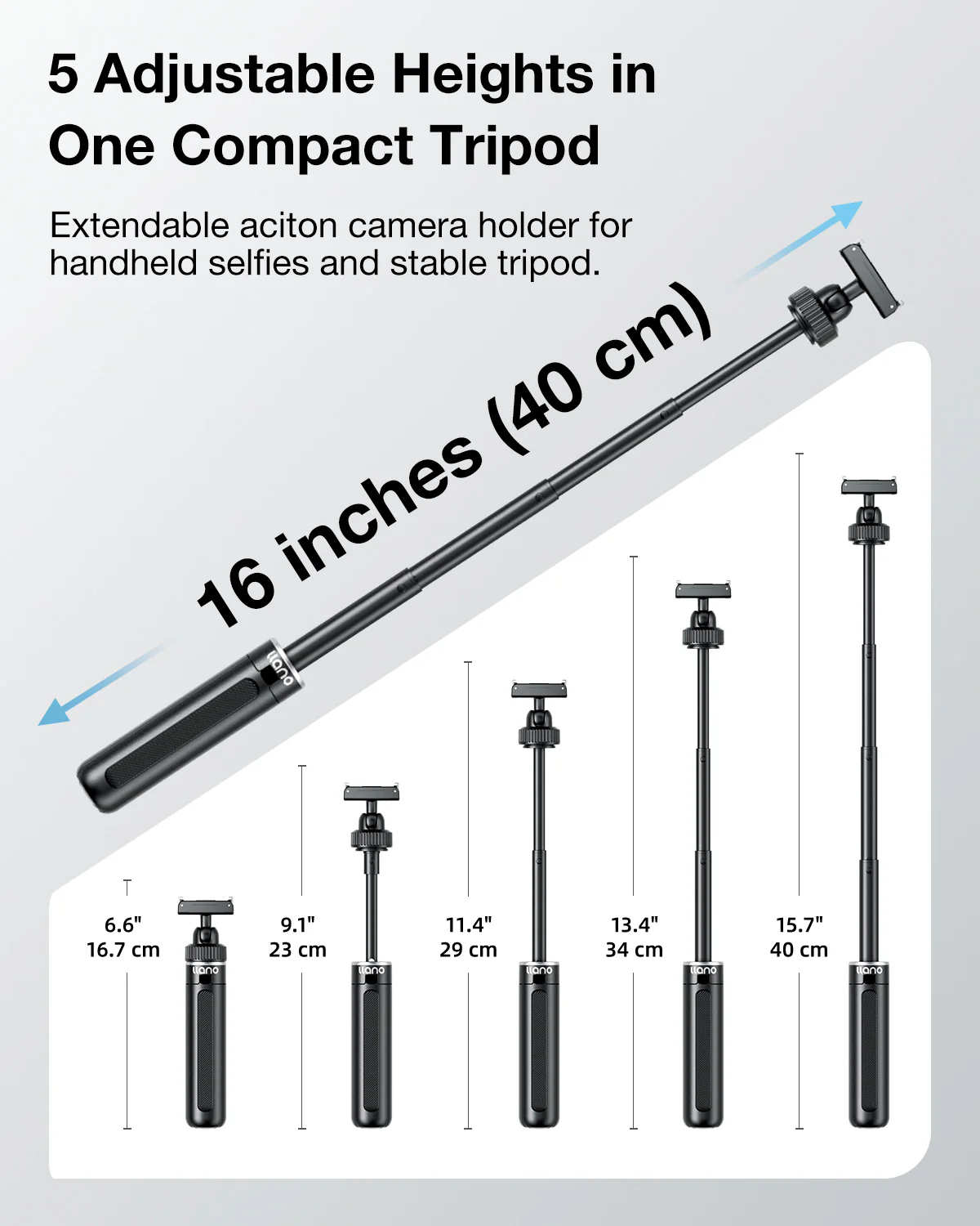 llano 16" Magnetic Action Camera Tripod for DJI Osmo Action 5 pro/4/3, Osmo 360, Extendable Mini Tripod with Magsafe Quick Release Adapter, 360° Ball Head, Small Selfie Stick, Lightweight, Black - Image 6