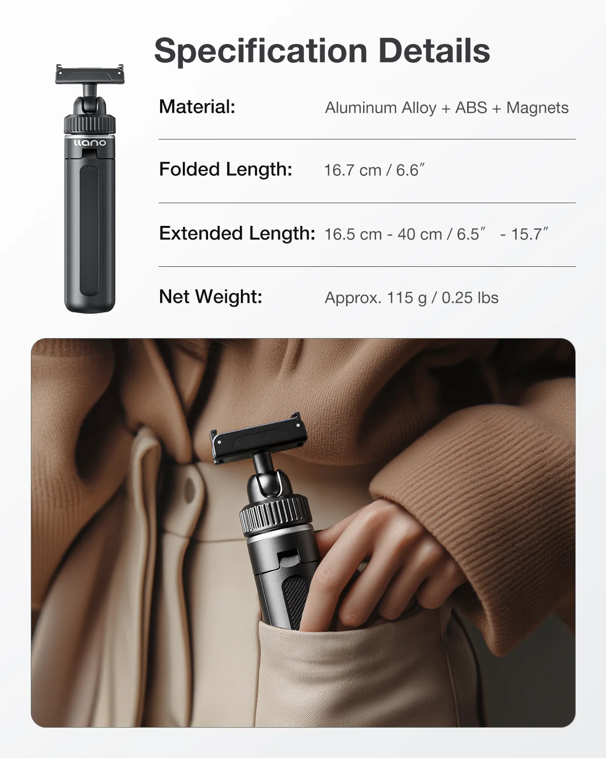 llano 16" Magnetic Action Camera Tripod for DJI Osmo Action 5 pro/4/3, Osmo 360, Extendable Mini Tripod with Magsafe Quick Release Adapter, 360° Ball Head, Small Selfie Stick, Lightweight, Black - Image 8