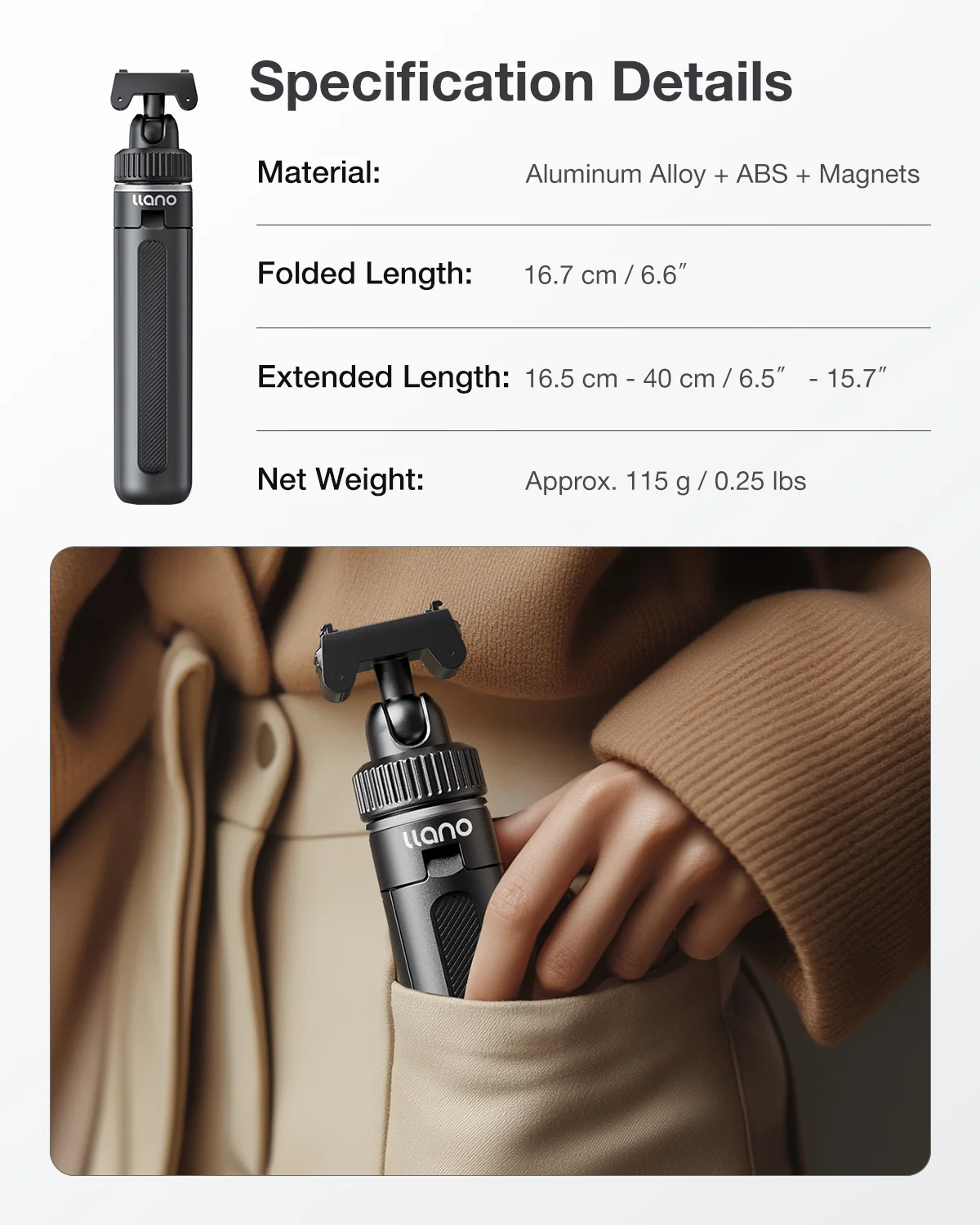 llano 16" Magnetic Action Camera Tripod for DJI Osmo Action 6, Osmo Nano, Mini Tripod with Magsafe Quick Release Adapter, Small Selfie Stick, 360° Ball Head, Portable, Lightweight, Black - Image 8