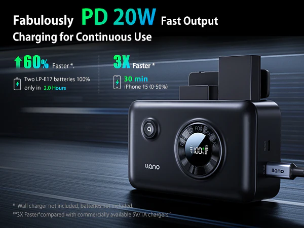 llano 2-in-1 NP-FW50 Fast Camera Dual Battery Portable Charger for Sony ZV-E10, Alpha a6400, a6000, a6300, a7s, a7, a7s ii, a5100, a7r, a7ii, 12400mAh Built-in 20W USB C Power Bank, Smart Display - Image 4