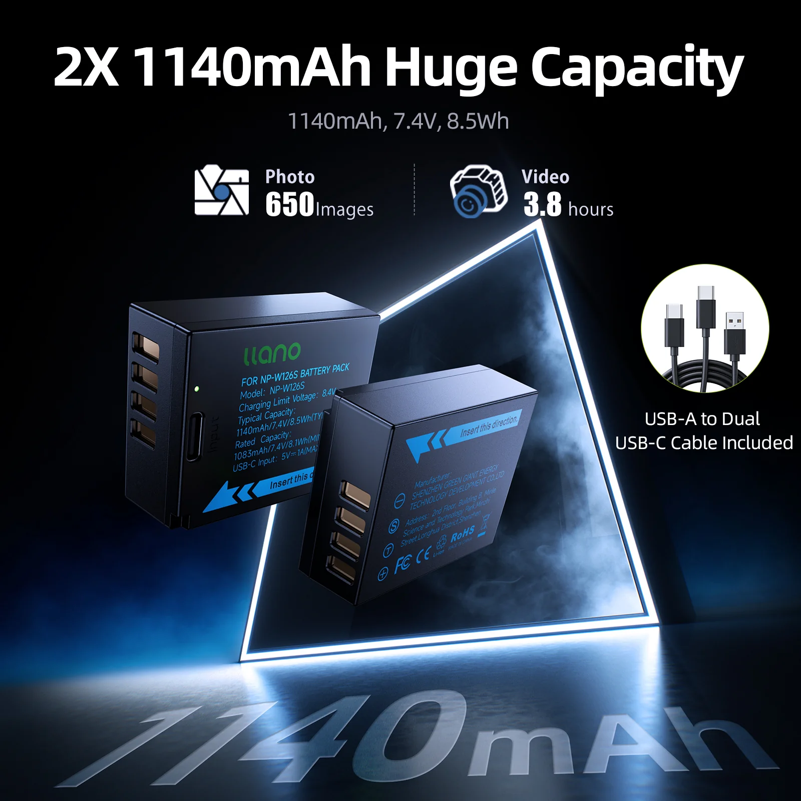 llano 2 Pack USB-C NP-W126S Battery, Fully decoded for Fujifilm XM5 X100VI X100V XS10 XT30II XT30 XT20 XE4 A5 Cameras, 1140mAh Capacity, Fast Rechargeable - Image 4
