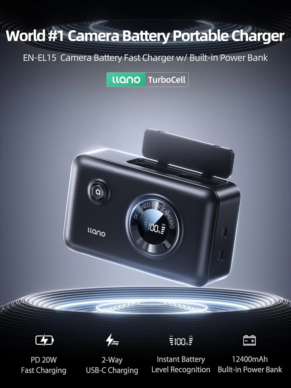 llano EN-EL15 Dual Battery Fast Charger with Built-in 12400mAh Power Bank for Nikon EN-EL15A EN-EL15B EN-EL15C Z8 D7500 Z6II D850 D750 Z6 ZF D7200 D7100 D7000 D500 Z7II Z7 Z5 D610 D600 D800 D800E - Image 2
