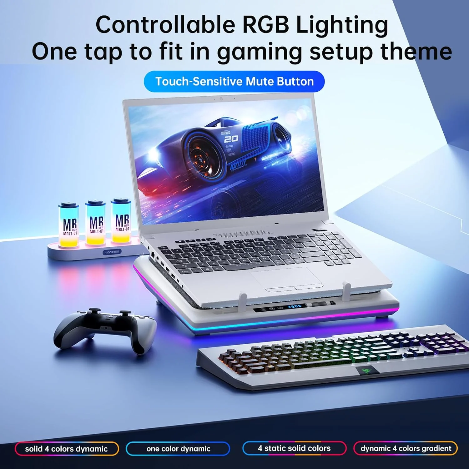 llano RGB Laptop Cooling Pad, White, Powerful Turbofan, Quiet Cooling, Touch Control, LCD Screen, Seal Foam, 15-19in Laptops - Image 3