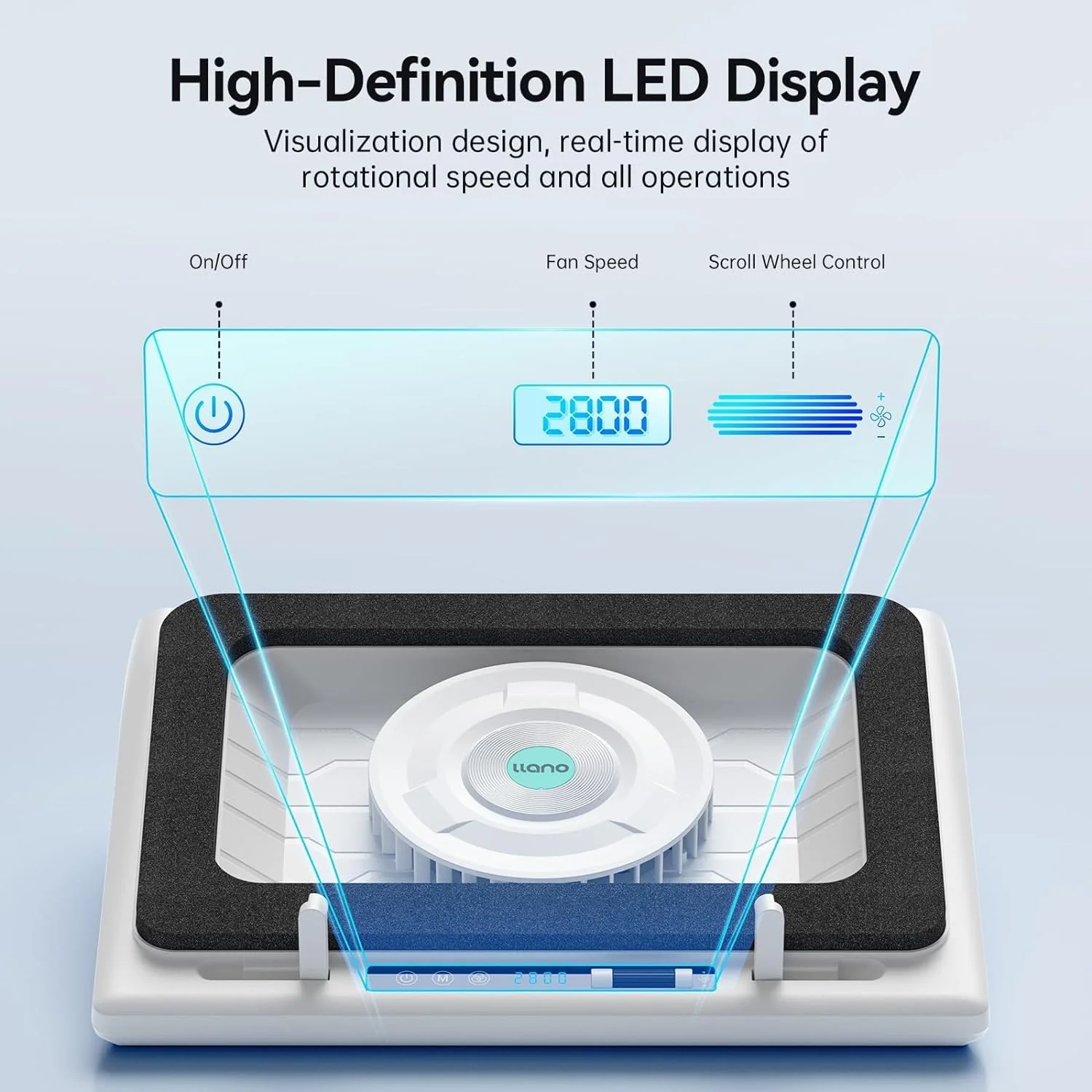 llano Laptop Cooling Pad with Powerful Turbofan(5.5inch Diameter), Fast Cooling Gaming Notebook Computer 15.6-21in, Adjustable Speed, Touch Control, LCD Screen, 3-Port USB A (White V13 Without RGB) - Image 6