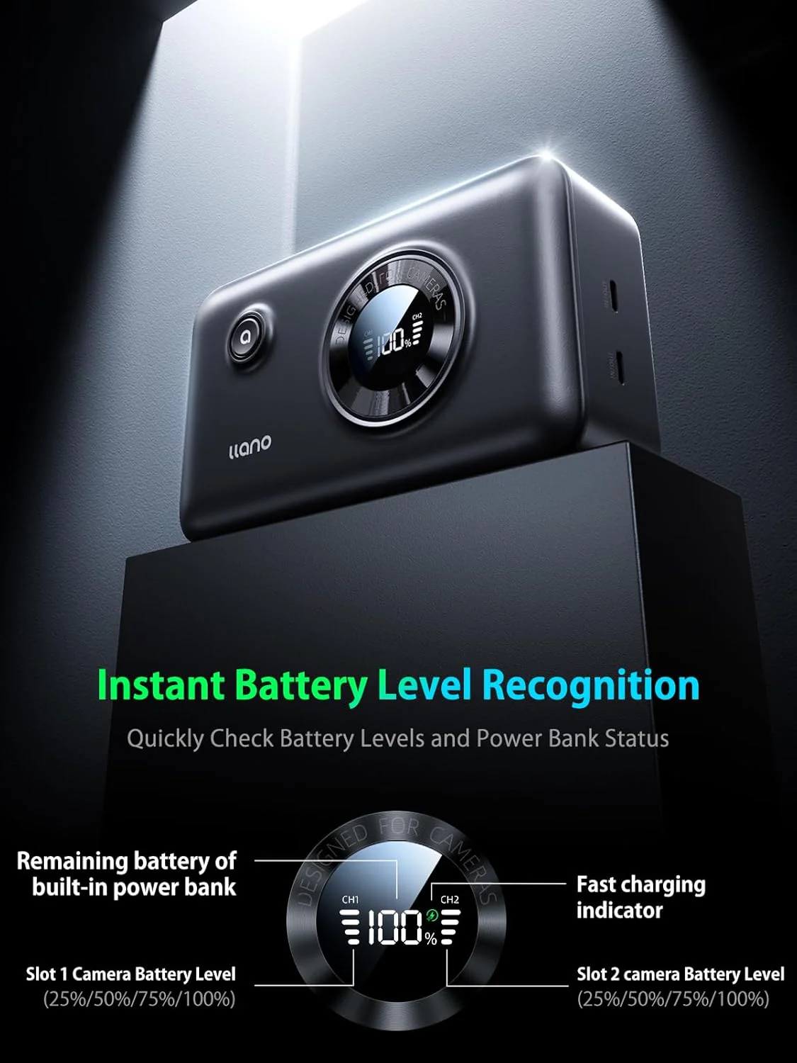 llano NP-W235 Dual Battery Fast Charger with Built-in 12400mAh Power Bank for Fujifilm Fujifilm XT5, XT4, VG-XT4, XS20, GFX50S II, GFX100S, XH2, XH2S - Image 4