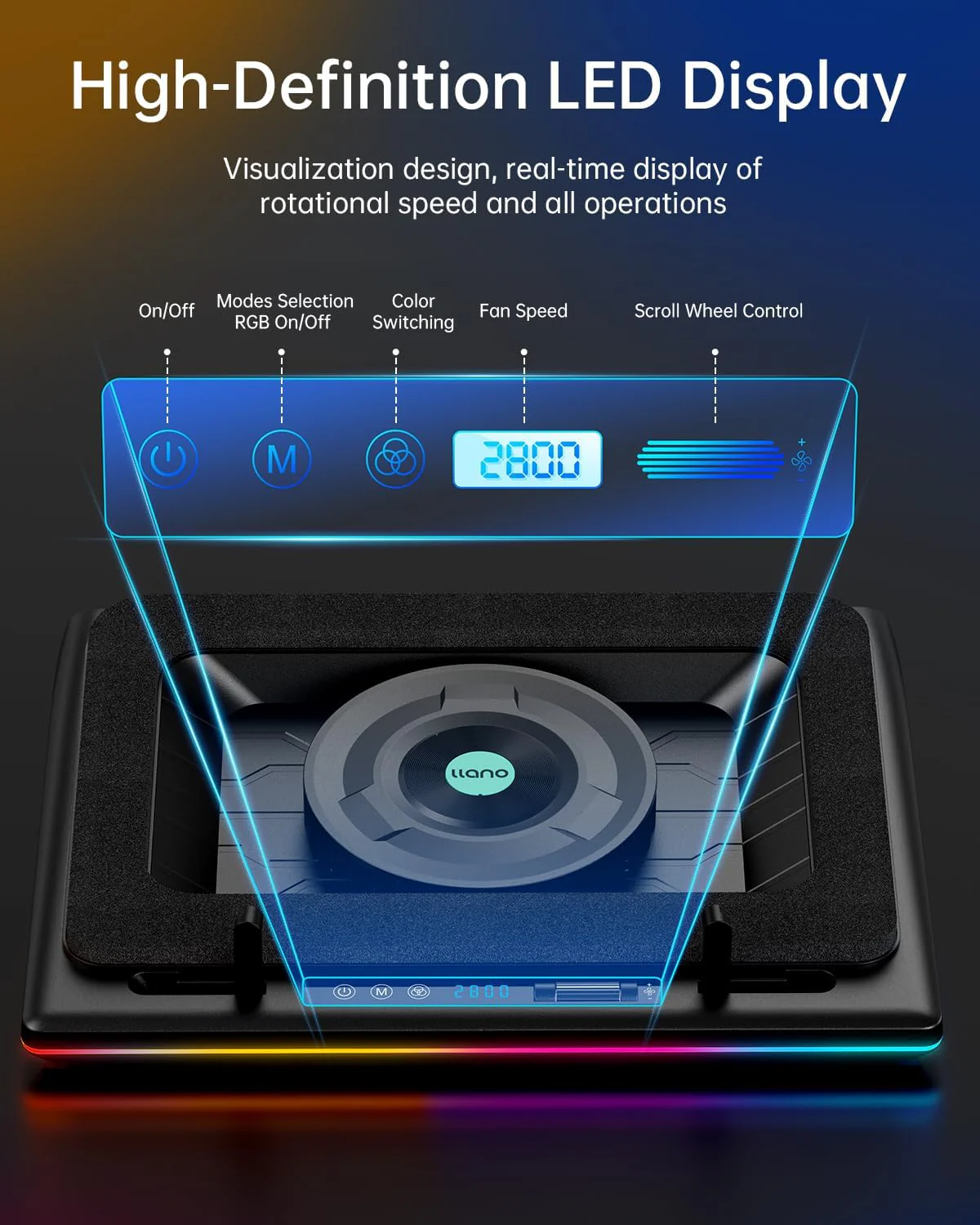 llano V12 RGB Laptop Cooling Pad, Gaming Laptop Cooler with Powerful Turbofan, Fast Cooling Laptop 15.6-21in, Adjustable Speed, Touch Control, LCD Screen - Image 5