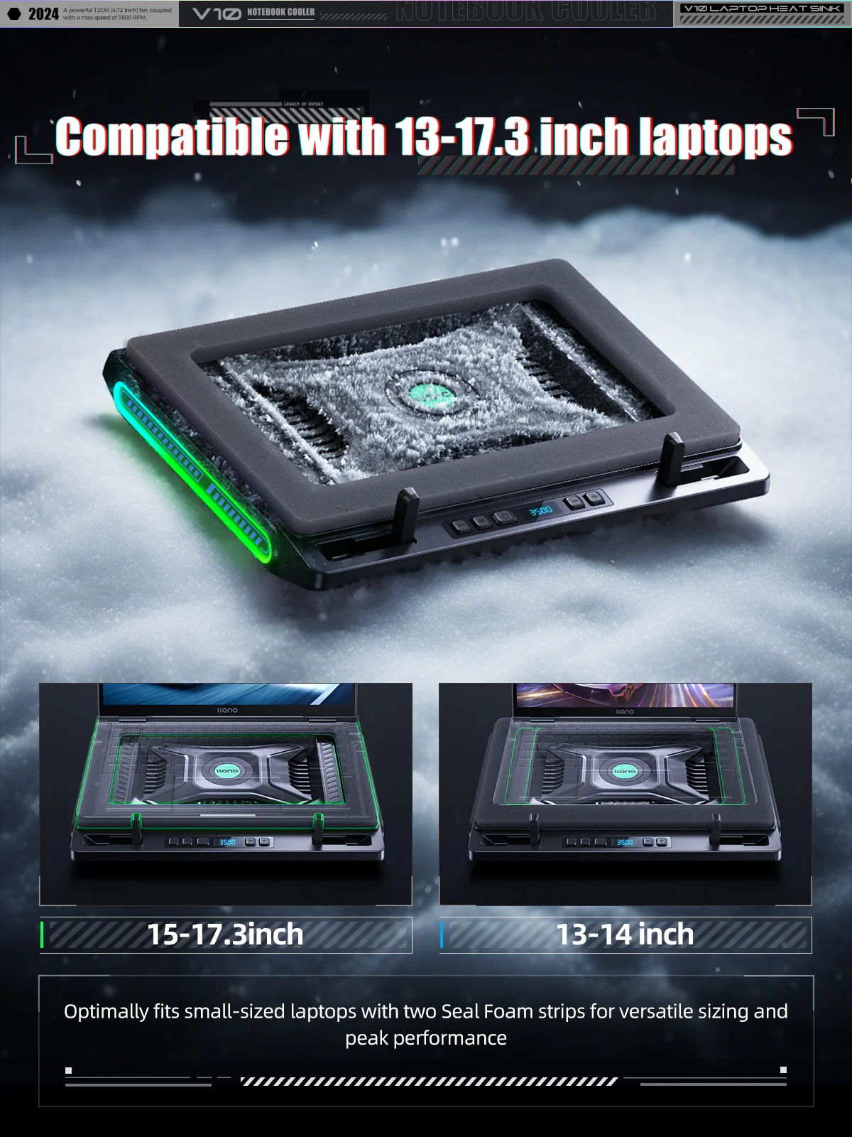 llano V10 Gaming Laptop Cooling Pad, RGB Laptop Cooler Stand with Powerful 4.72 Inch External Turbo Cooling Fan, Fast Cooling Computer 13-17.3in, Button Control, 3 Adjustable Stand, 4-Port USB C&A - Image 5