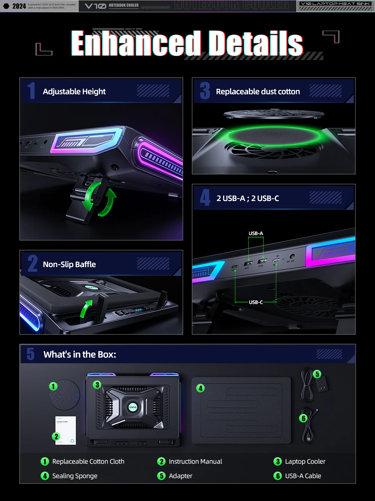 llano V10 Gaming Laptop Cooling Pad, RGB Laptop Cooler Stand with Powerful 4.72 Inch External Turbo Cooling Fan, Fast Cooling Computer 13-17.3in, Button Control, 3 Adjustable Stand, 4-Port USB C&A - Image 6
