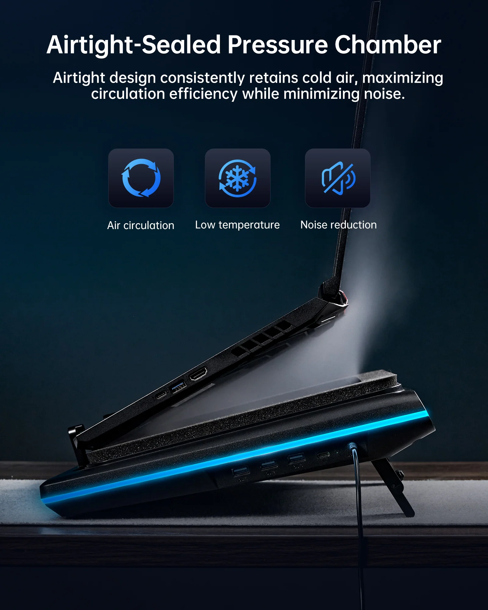 llano V12 Ultra Laptop Cooling Pad with Intelligent Software Control, RGB Gaming Laptop Fan Cooler Stand, 5.5" Turbo Fan, Adjustable Speed, 3*USB 3.0 Ports, Ergonomic Design, for 15.6"-21" Laptops - Image 6